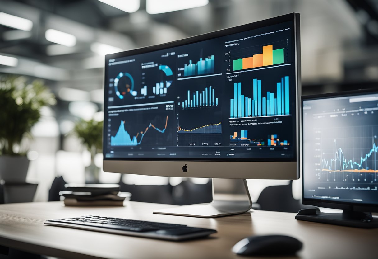 Una pantalla de computadora que muestra visualización de datos y gráficos, rodeada de herramientas y tecnología de marketing de IA.