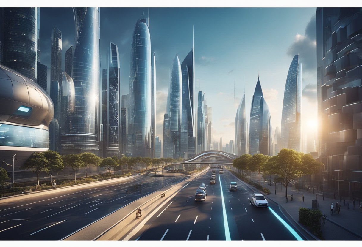 Un paisaje urbano futurista con tecnología de IA integrada en la vida cotidiana, como coches autónomos y edificios inteligentes.