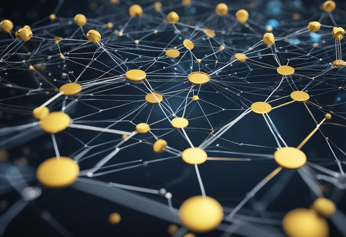 Una computadora analizando y procesando datos de texto, con varios algoritmos y conjuntos de datos conectados a ella para el procesamiento del lenguaje natural y la inteligencia artificial.