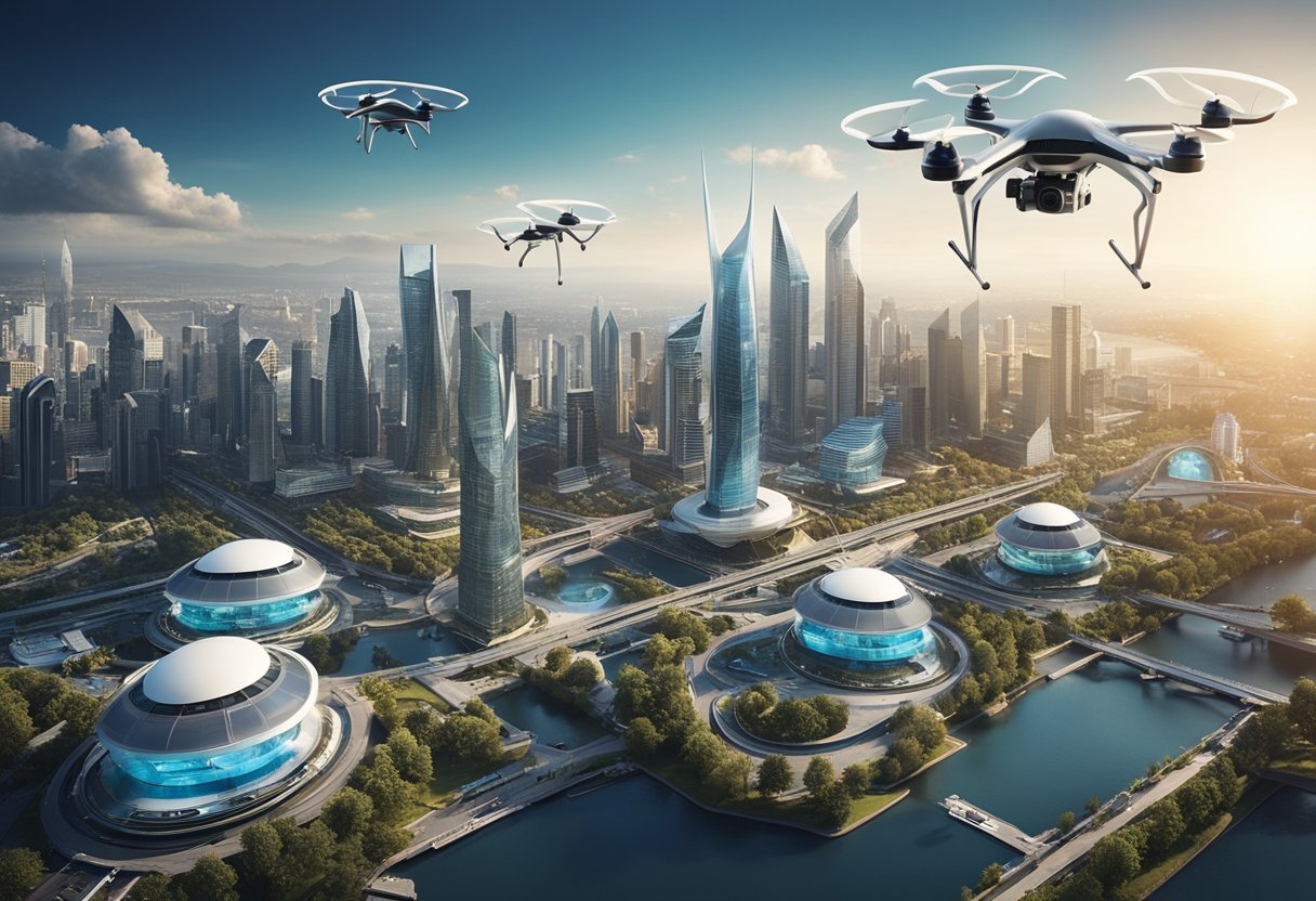 Un horizonte de ciudad futurista con drones y robots impulsados por IA trabajando junto a humanos en diversas tareas. La integración de la tecnología de IA es evidente en la infraestructura avanzada y los sistemas de transporte.